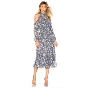 Misa Los Angeles Blue Floral Cold-Shoulder Midi Dress